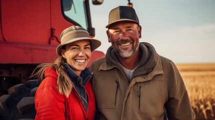 farmers working in a wheat field stand smiling happily in front of a red tractor in the background with a wheat field
