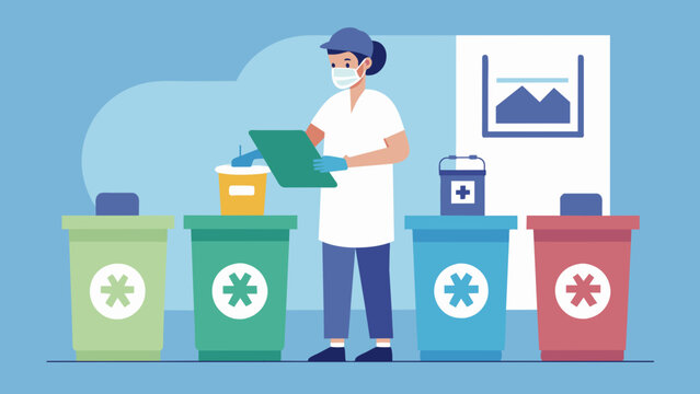 In this image a nurse is properly disposing of used medical supplies and discarding them in the designated biohazard waste containers in