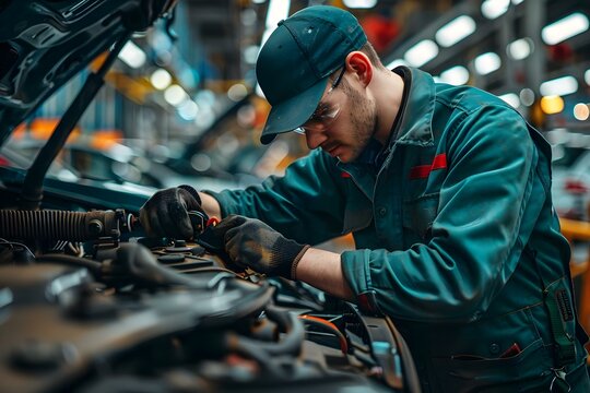 Skilled employee adhering to safety protocols and training in car manufacturing plant. Concept Car Manufacturing, Safety Protocols, Skilled Employee, Training, Automotive Industry