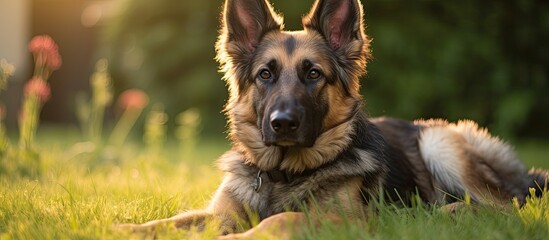 A German shepherd dog is peacefully laying in the grass, its intelligent eyes fixed on the camera, showcasing its natural herding instincts as a terrestrial carnivore breed