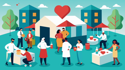 A hospital courtyard transformed into a community health fair with healthcare providers offering free pressure screenings healthy cooking