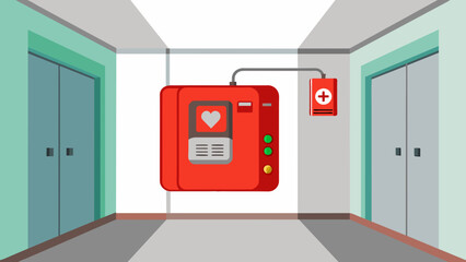 A red wallmounted defibrillator stands ready for use in the hallway of the cardiac unit. The device has clear instructions and diagrams to - obrazy, fototapety, plakaty