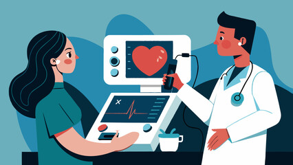 A cardiologist is using a handheld echocardiogram machine to perform an ultrasound on a patients heart. The screen displays a black and white