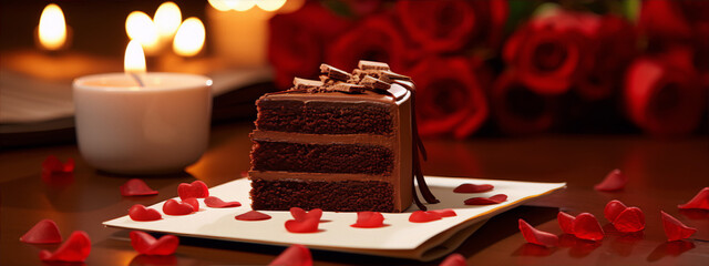 Close up of a decadent chocolate cake with red roses and candles in the background.