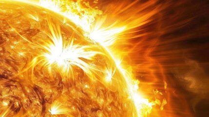 A powerful flare on the sun surface. Plasma release. Electromagnetic attack. Spectacular solar eruption in progress. - obrazy, fototapety, plakaty