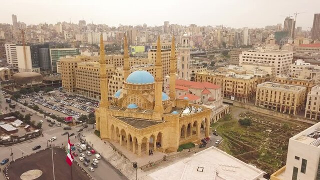 Aerial view of Mohammad Al-Amin Mosque in Beirut, Lebanon on a cloudy winter day
