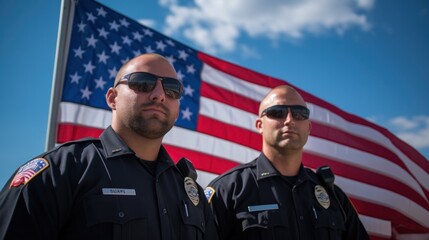 Officers in uniform look respectfully at the camera in front of the United States flag,