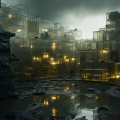 Futuristic city with glass buildings and walkways in a flooded post-apocalyptic landscape.