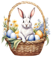 The rabbit is sitting in a basket with flowers, Easter eggs, etc. Perfect for postcards, scrapbooking, blogs, social media and more