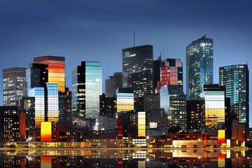 Cityscape with colorful skyscrapers and reflections in the water at night