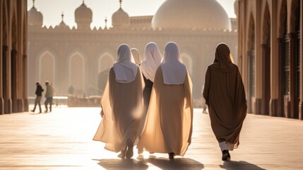 Rear view. The women wearing Muslim clothes and headscarves walking towards the mosque