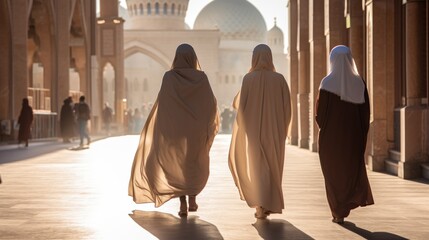 Rear view. The women wearing Muslim clothes and headscarves walking towards the mosque - obrazy, fototapety, plakaty