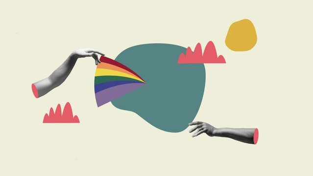 Youth culture, relations, connection and human rights. Concept of aesthetic, surrealism, ad. Stop motion 2K animation. Modern art video collage. Female and male hands isolated over light background.