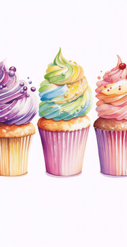 Watercolor painting of three cupcakes with purple, rainbow and pink frosting.