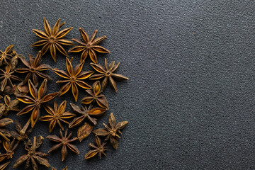 Classic oriental spice, star anise, star anise, close-up, on a black background, copy space....
