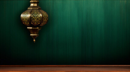An ornate gold lantern hangs against a dark green textured background in this 3D rendering.