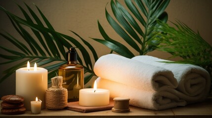 Fototapeta na wymiar Top view, tranquil spa still life, candles, towels, green leaves, aromatherapy oils,