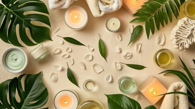 Top view, tranquil spa still life, candles, towels, green leaves, aromatherapy oils,