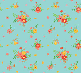Vector seamless pattern with flowers compositions and leaves. Cute summer background in flat style