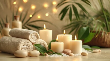 Obraz na płótnie Canvas Top view, tranquil spa still life, candles, towels, green leaves, aromatherapy oils,