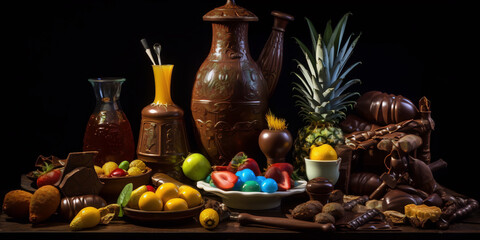 Still life of chocolate, fruit, and flowers in a dark background