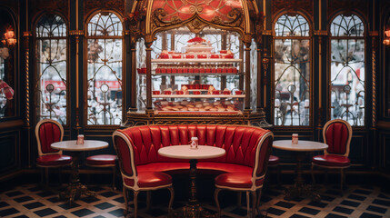 Parisian cafe interior with red velvet chairs and ornate display case of pastries - obrazy, fototapety, plakaty