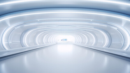 Fototapeta premium Futuristic tunnel with glowing blue lights in the walls and ceiling
