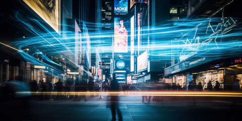 City street with people crossing at night with blue and yellow light trails