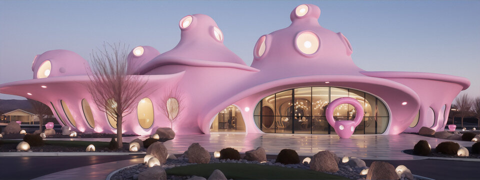 Pink Futuro House With Large Windows And Rocks In Front