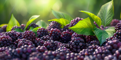 blackberries on the vine, Dark Blackberry Fruits, Fresh juicy organic dewberry background Ripe blackberries background - obrazy, fototapety, plakaty