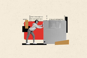 Collage artwork graphics picture of excited lady holding big huge diskette isolated beige color...
