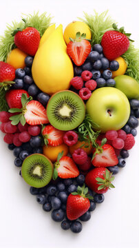 An image of a heart made of various fruits and berries in bright colors on a white background.