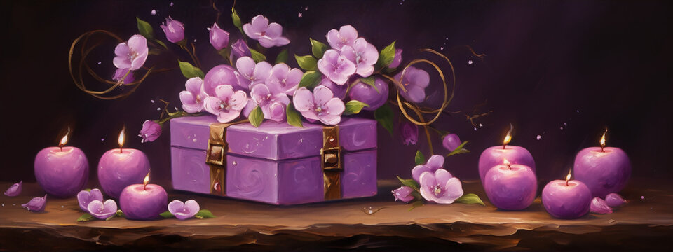 Pink flowers and purple candles still life painting