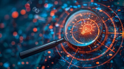 Magnifying glass focusing on a target and creativity. A creative light bulb objective generation of ideas and innovative solutions to achieve strategic goals.