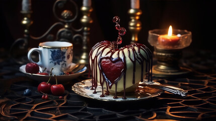 3D rendering of a heart-shaped cake with red filling on a plate with a teacup and candle in the background.