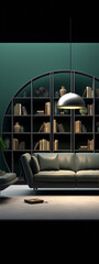 3d illustration of a modern living room interior with a dark green wall, leather sofa, and round bookshelf.