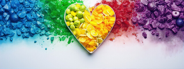 Rainbow of colorful fruits and berries forming a heart shape over white background - obrazy, fototapety, plakaty