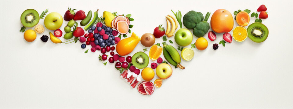 Colorful fruits and vegetables arranged in a wave-like pattern on a white background.