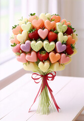 A bouquet of heart-shaped fruits and strawberries in a still life photo with a white background.