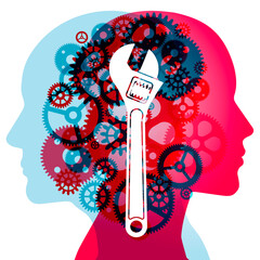 A male and female side silhouette overlaid with various sized semi-transparent “gear shapes” pieces. Overlaid is a spanner shape representing mental tools needed to develop the mind and thoughts.