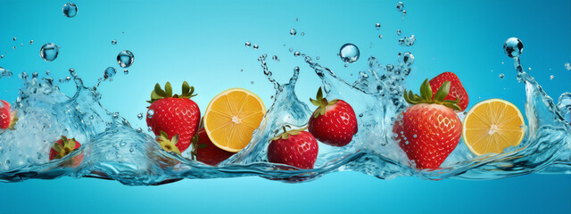 Water splash with red strawberries and yellow lemons, blue background, 3D rendering.