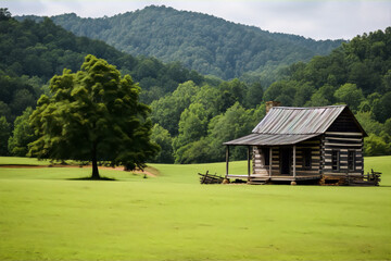A,rustic,log,cabin,nestled,in,a,lush,green,field,with,a,majestic,mountain,backdrop,in,the,distance.