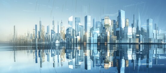Futuristic Cityscape with Reflective Waterfront View