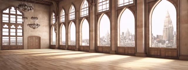 Fotobehang 3D rendering of a gothic style great hall with large arched windows and a wooden floor. © lyndaahram