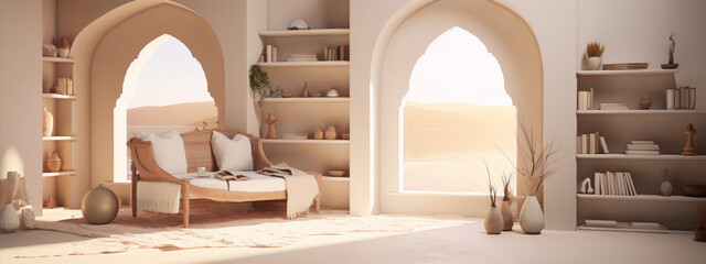 3D rendering of a desert living room with a sofa, bookshelves, and large windows looking out onto a desert landscape.