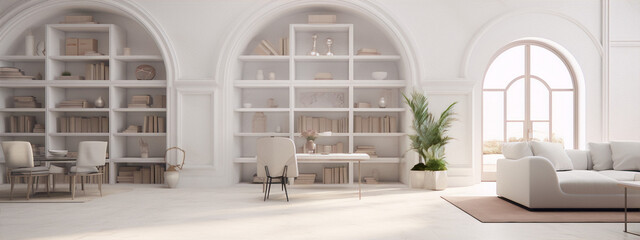 Bright home office interior design with bookshelves, plants and large windows in white and neutral colors