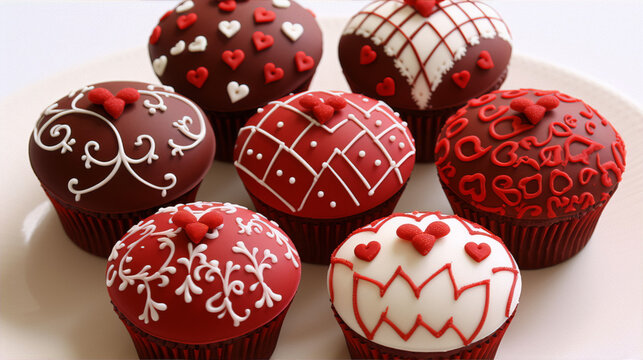 Red and white frosted Valentine's Day cupcakes with heart decorations.