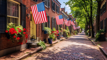 City,street,with,brick,houses,and,American,flags