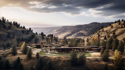 Modern,mountain,home,with,floor,to,ceiling,windows,surrounded,by,trees,and,mountains,in,the,fall