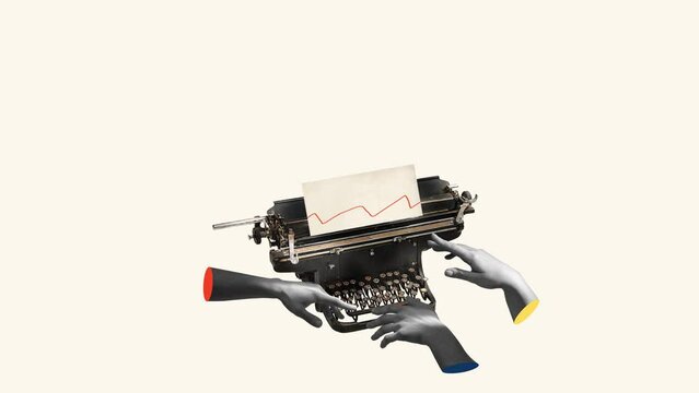 Concept of aesthetic, surrealism, ad. Stop motion 2K animation. Modern art video collage. human hands typing on retro typewriter. Concept of art, beauty. New look on old, vintage objects, devices.